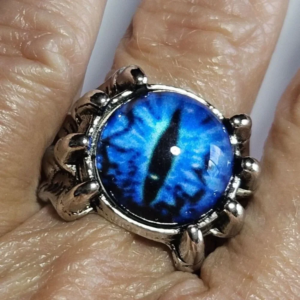 Skull Demon Blue Eye Rings - Silver Tone Ring Adjustable Fashion Jewelry